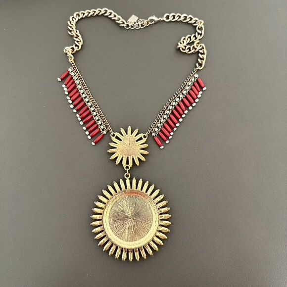 Chaps Boho Fringe Medallion Statement Faux Turquoise & Coral Necklace - Picture 4 of 6